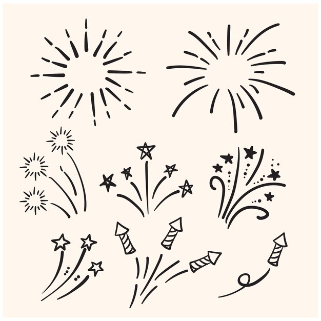 Vector fireworks and stars collection with illustration style doodle and line art