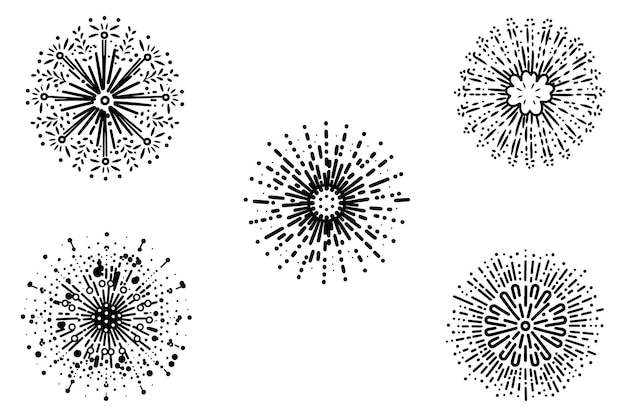 白い背景にベクトルデザインを描いた花火のベクトルセット