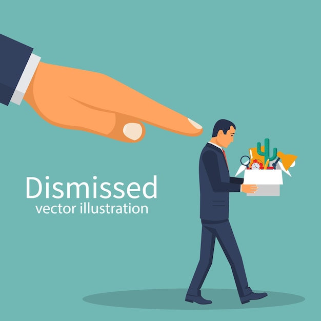 Firing employee. sad man with a box in hands leaves work. dismissed businessman. employee job reduction, unemployment, crisis in job. vector illustration flat design. isolated on background.