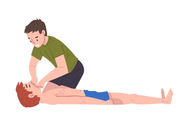 first aid to drowned person young man helping friend in unconscious drowning vector illustration