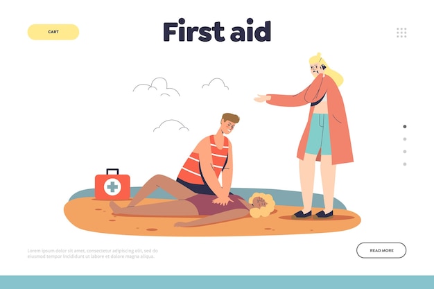 First aid to drowning concept of landing page with beach lifeguard doing artificial respiration woman after sinking. Professional rescuer saving tourist female. Cartoon flat vector illustration