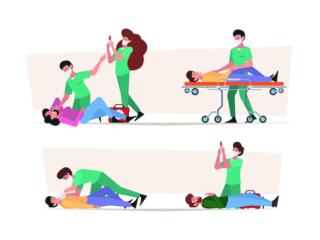 First aid emergency help different stages doctors helping people life protection garish vector colored flat people