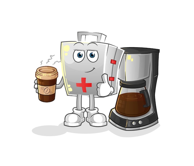 First aid kit drinking coffee illustration. character vector