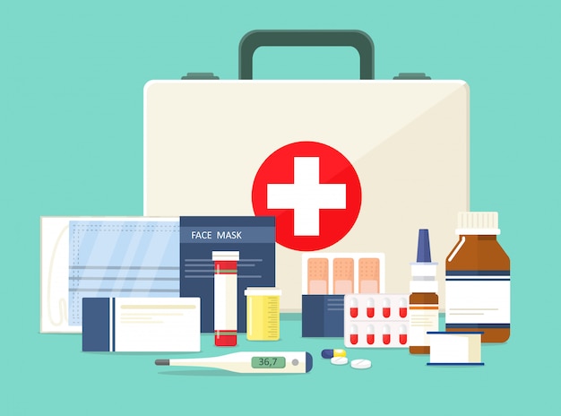 Vector first aid kit. face mask and various medications. illustration in cartoon style.