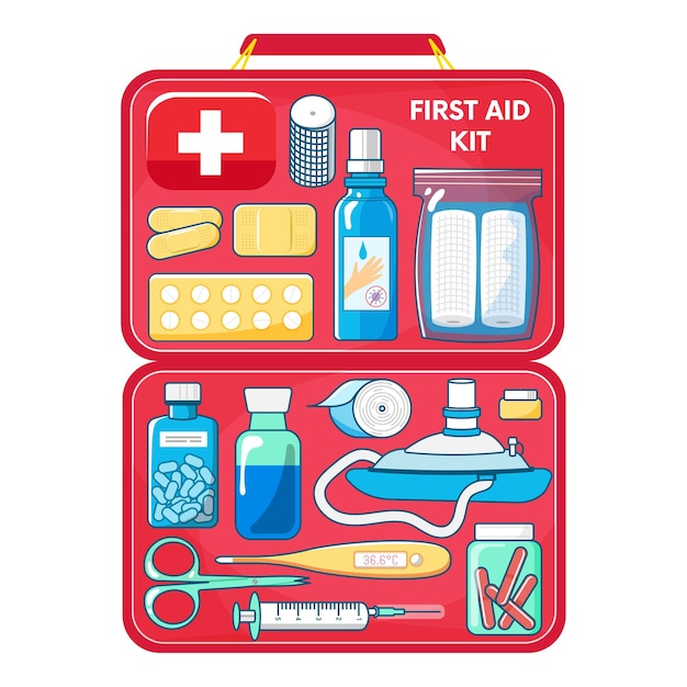 ベクトル 医薬品や道具を用いた救急キットのイラスト