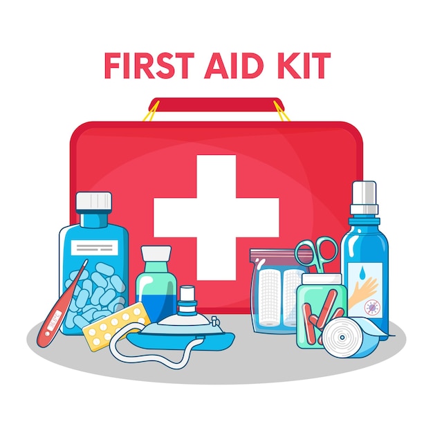 Vector first aid kit illustration with medicaments and tools