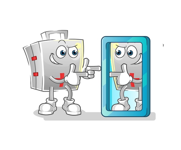 Cassetta di pronto soccorso che esamina il fumetto dello specchio vettore mascotte dei cartoni animati