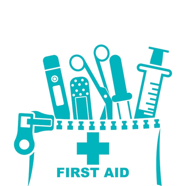 Vettore kit di pronto soccorso attrezzature mediche concetto sanitario aiuto nel raffreddore siringa pipetta pillola e gesso