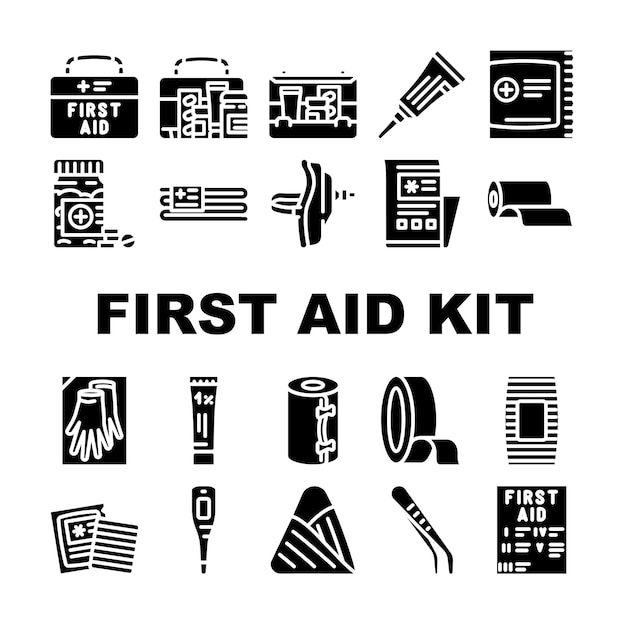 First aid kit medicine health icons set vector medical care hospital aid doctor box emergency cross case help bage first aid kit medicine health glyph pictogram Illustrations