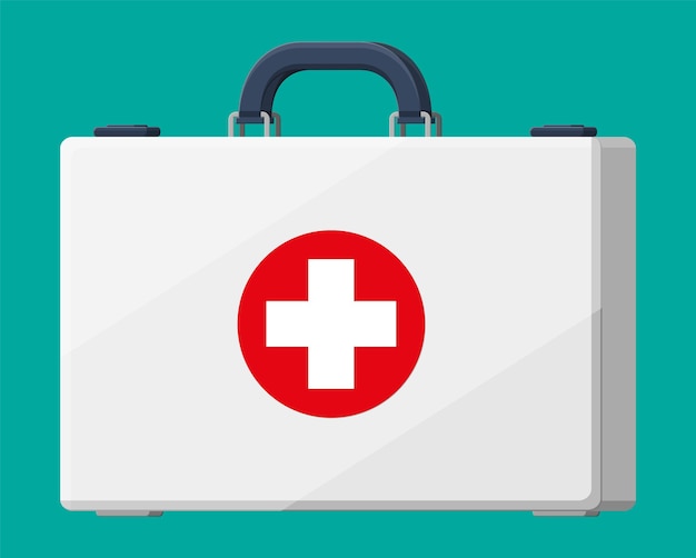 Vettore kit di pronto soccorso borsa in plastica per medicina ospedale sanitario e diagnostica medica servizi di urgenza e emergenza illustrazione vettoriale in stile piatto