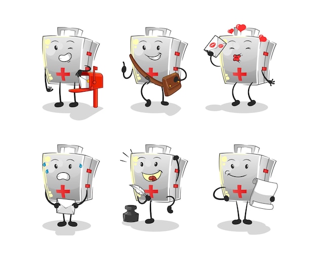 Vector first aid kit postman set character. cartoon mascot vector