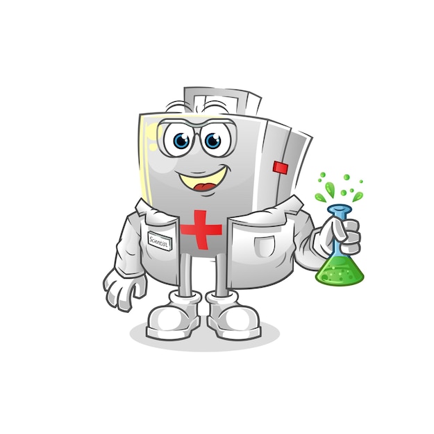 Personaggio scienziato kit di pronto soccorso. vettore della mascotte del fumetto