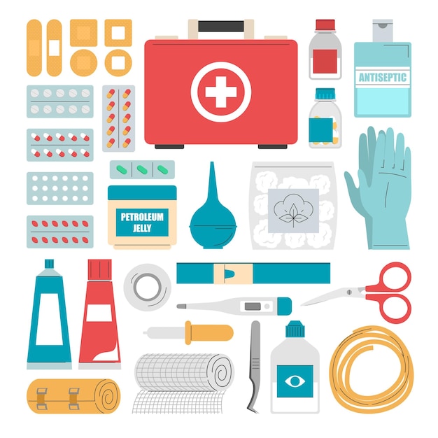 First aid kit set vector isolated Medical tools