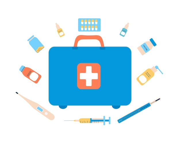 First aid kit vector isolated Collection of medical instruments for emergencies Red bag with a cross container for medical equipment Vector illustration