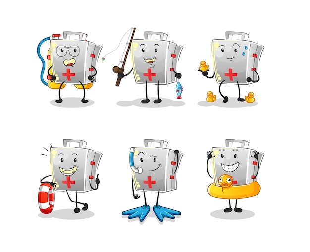 First aid kit water activity group cartoon mascot vector