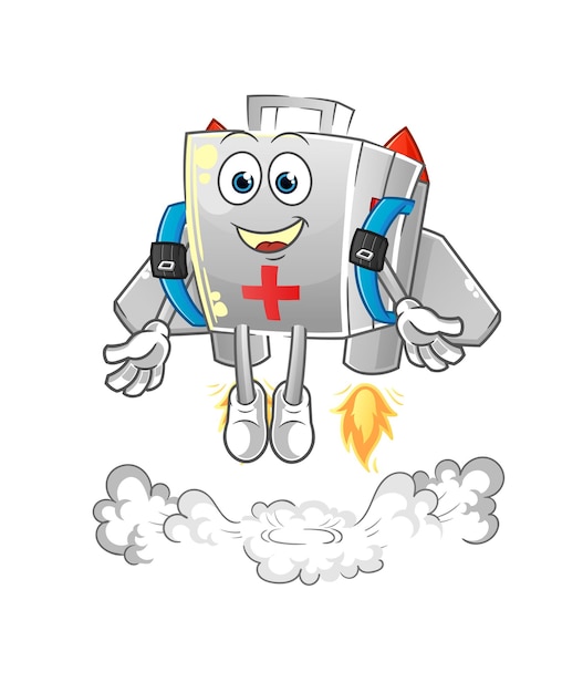 First aid kit with jetpack mascot. cartoon vector
