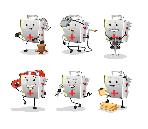 First aid kit worker set character cartoon mascot vector