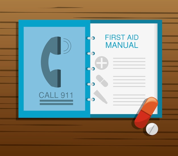 First aid manual with pill and drug