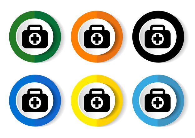 First aid vector icons set of circle buttons in 6 colors options for web design