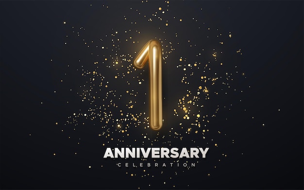 1주년 기념행사. 검은 배경에 분리된 반짝이는 색종이 조각이 있는 황금 번호 1입니다.