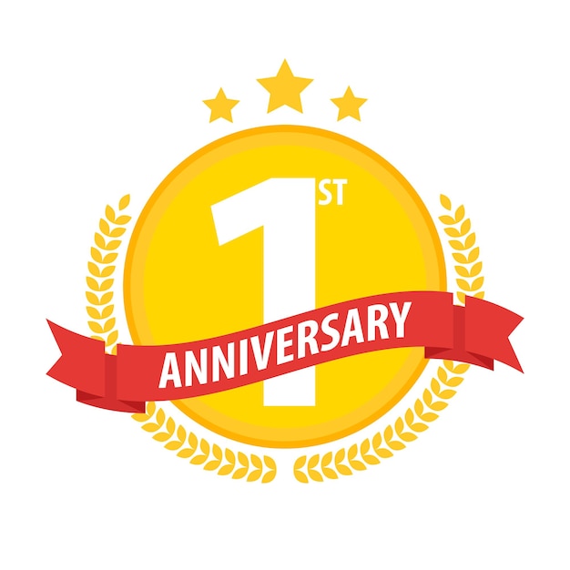 First anniversary circle badge with ribbon and laurel. Flat vector illustration.