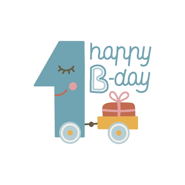 Вектор Поздравительная открытка на первый день рождения улыбающийся номер 1 несет подарок в тележке