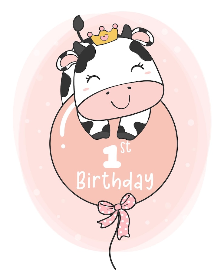 Vector first birthday greeting card adorable cute baby cow girl with crown on pink balloon cute doodle cart