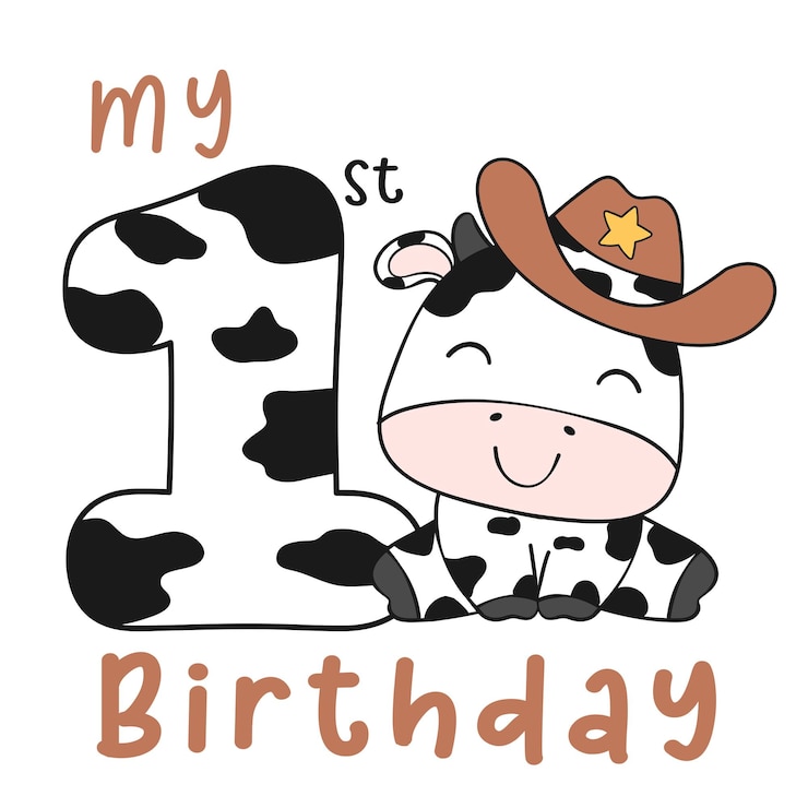 Vector first birthday greeting card baby cow boy sitting with number one birthday animal farm clipart for t shirt printable