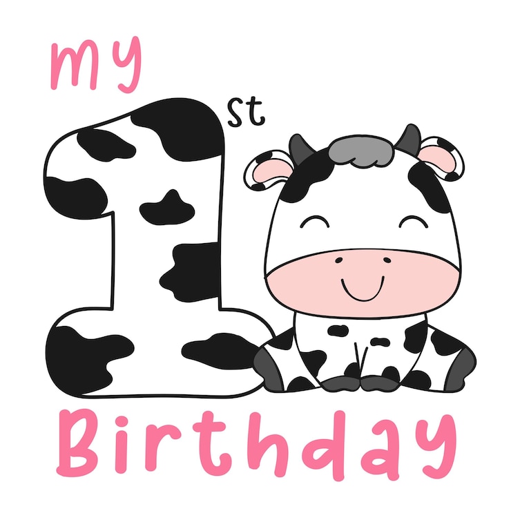 Vector first birthday greeting card baby cow sitting with number one birthday animal farm clipart for t shirt printable