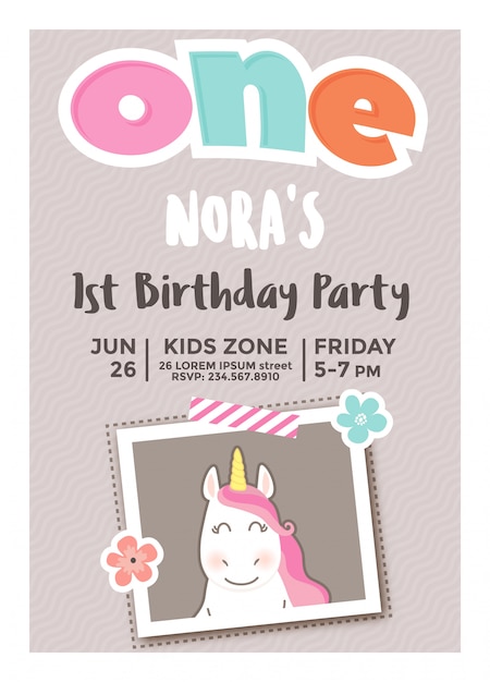 Vector first birthday invitation for girls with photo frame