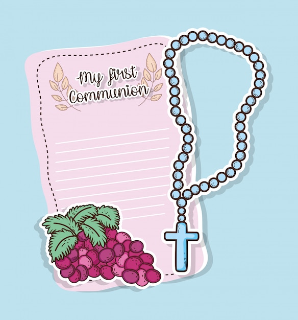 First communion card with grapes and rosary