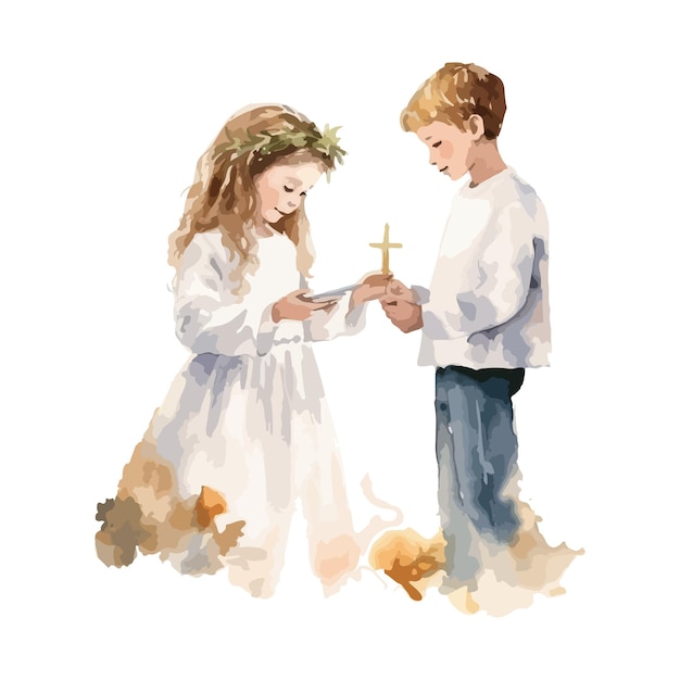 Vector first communion cute kids with religious cross fantasy watercolor pastel art vector illustration generative ai little boy and girl at religion holiday church spiritually sacrament pray paint drawing