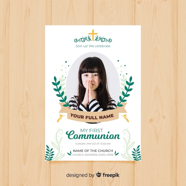 First communion invitation template with photo