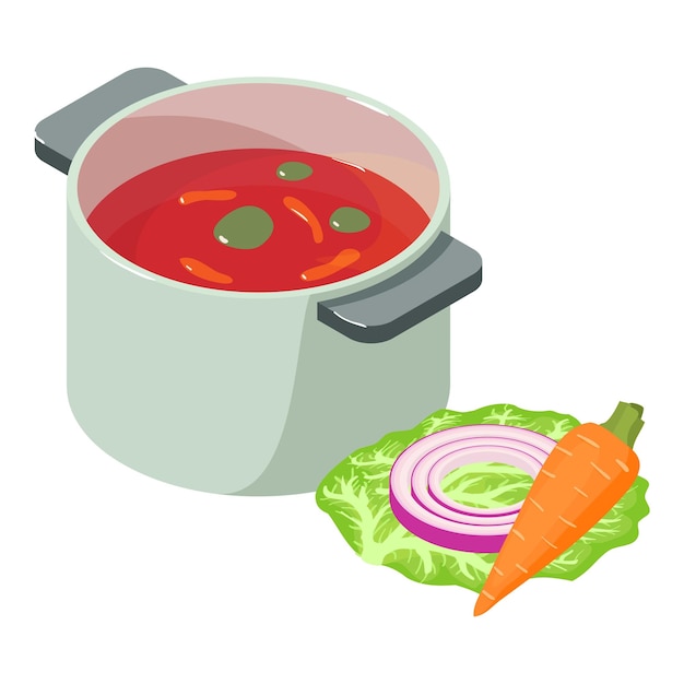 Vector first dish icon isometric vector vegetable soup onion ring carrot cabbage leaf food concept healthy nutrition