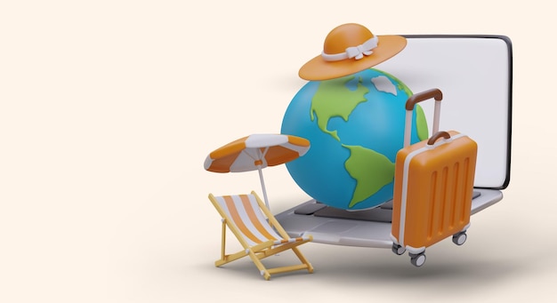 Vector first holiday abroad selection of best route beach entertainment program travel agency services poster with 3d globe suitcase sun hat beach umbrella folding chair open laptop