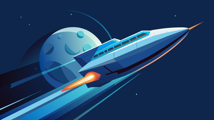 最初のイラストはその推進力で宇宙を駆け抜ける未来的な宇宙船を示しています