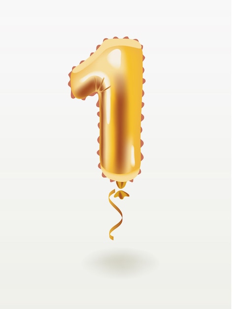 First inflatable Golden number 1 four with golden ribbon isolated on white background.