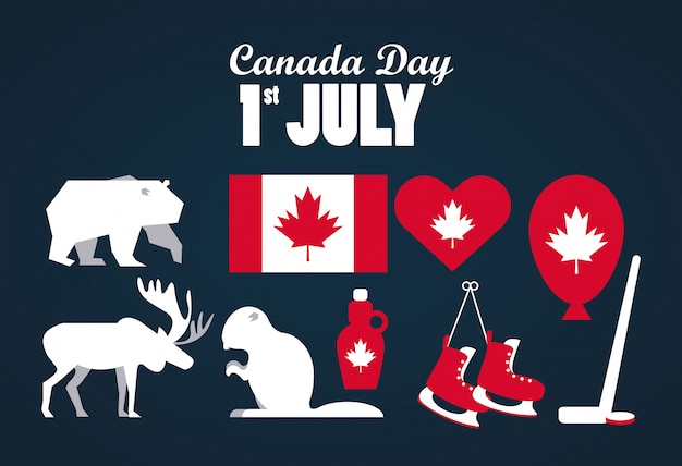 Vector first july canada day celebration greeting card with flag and set icons