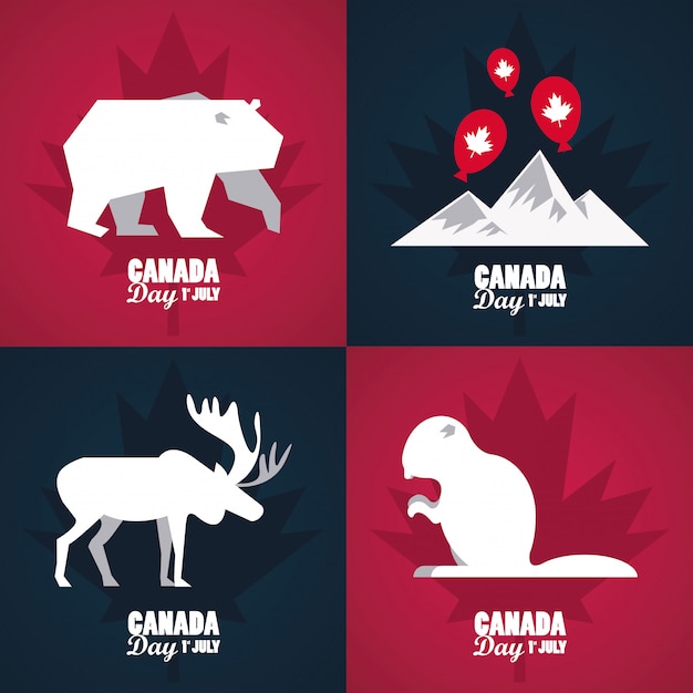 Cartolina d'auguri di celebrazione del giorno di luglio canada con montagne e animali
