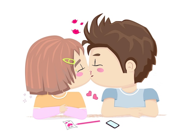 Il primo bacio illustrazione vettoriale un paio di bambini al tavolo in stile cartone animato