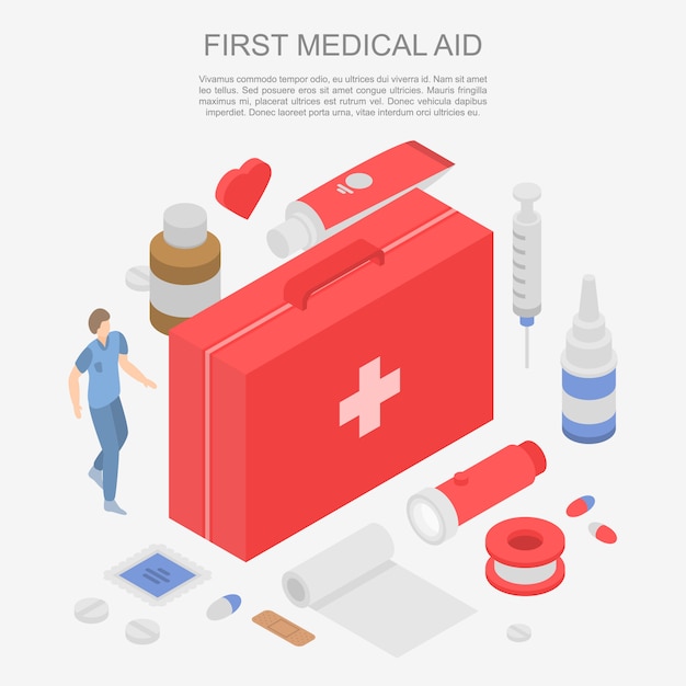 First medical aid concept banner, isometric style