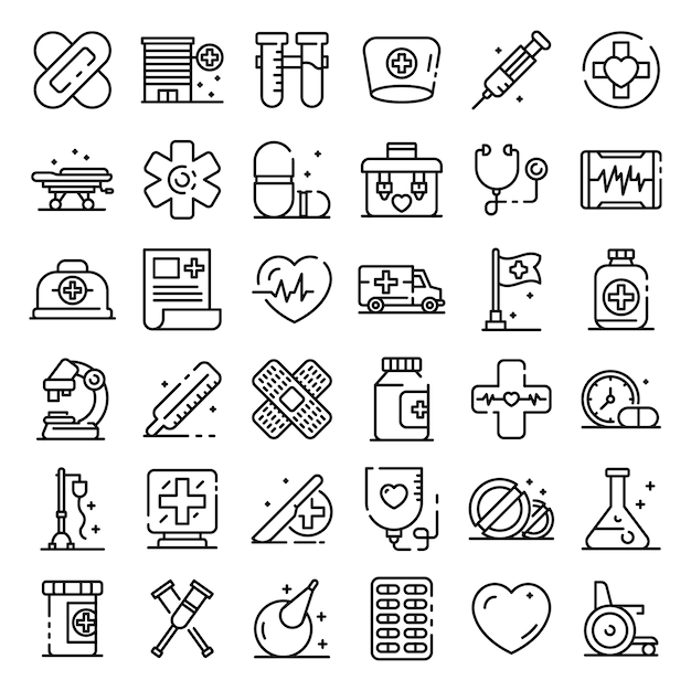 Vector first medical aid icons set, outline style