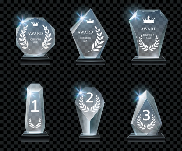 Vector first place award, crystal prize and signed acrylic trophies realistic vector set