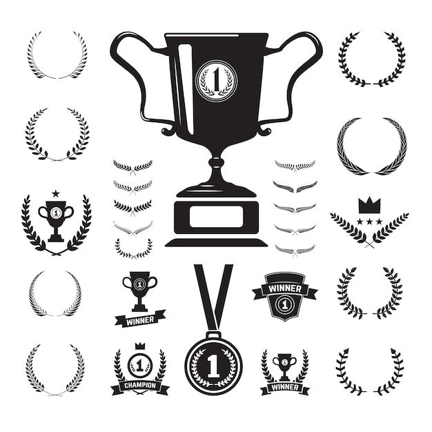 First place medal and labels monochrome icons and design elements