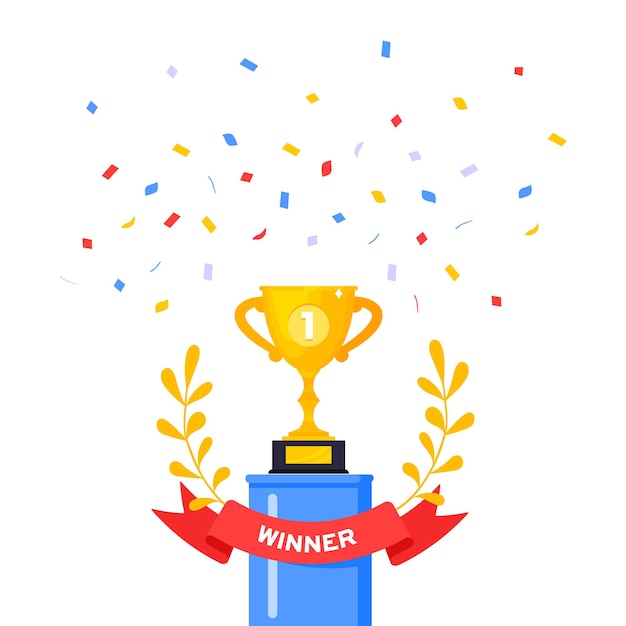 Vector first place win golden award trophy goblet cup icon sign flat style design vector illustration