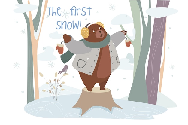 The first snow concept background Cute amazement bear in warm clothes stands on stump and greets