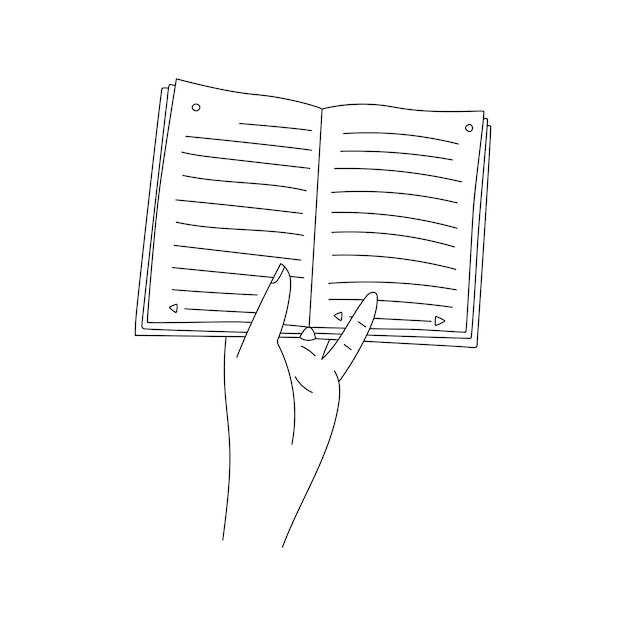 Vector firstperson perspectief een hand met een open papieren boek het proces van het lezen studeren zwart-wit doodle overzicht vectorillustratie geïsoleerd op een witte achtergrond