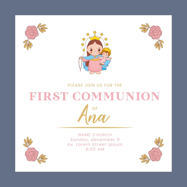 Vector firth communion card with holy mary cartoon