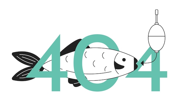 Pesce su esca errore bianco nero messaggio flash 404 pesca hobby attività design interfaccia utente monocromatico stato vuoto pagina non trovata immagine popup cartone animato concetto di illustrazione contorno piatto vettoriale