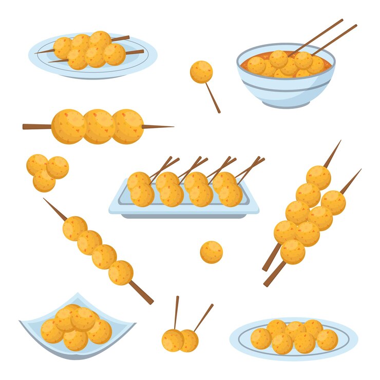 Premium Vector | Fish balls Hong Kong street food Asian street food set
